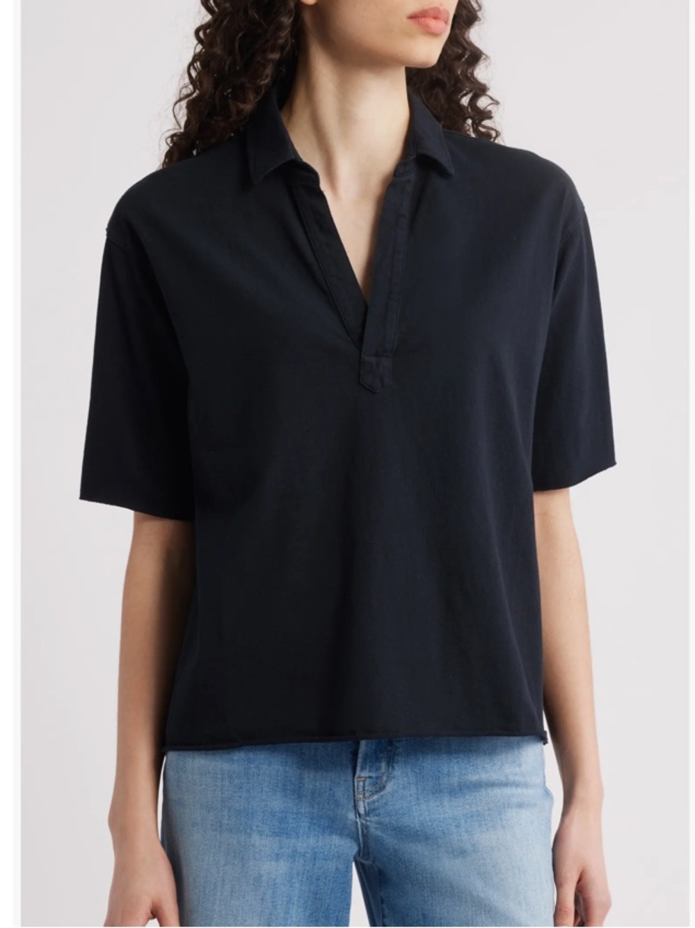 Frank & Eileen patty short sleeve Henley 100% cotton raw hem black size small